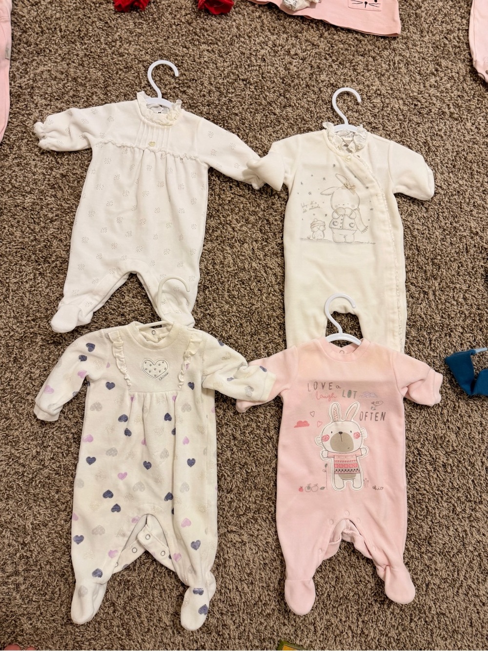 Chicco Velvet Baby One-Piece Sleepers in Cream, White, Pink, and Heart Print